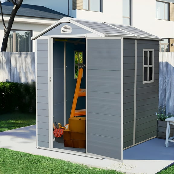 4x6 FT Resin Storage Sheds Outdoor with Floor, Windows & Lockable Door Storage Shed - Waterproof Garden Tool Shed, Patio & Backyard Tool Storage Cabinet Use - Grey