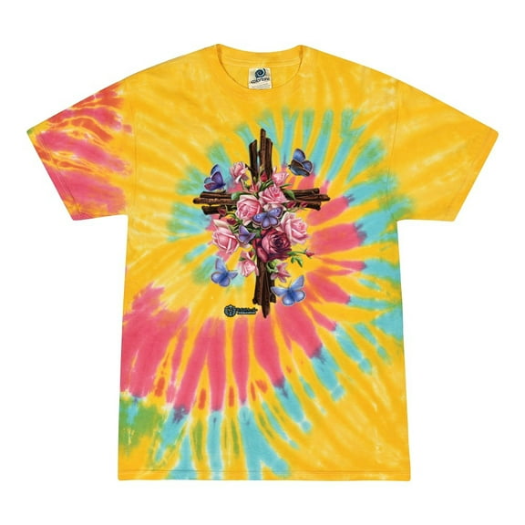 Wild Bobby, Cross with Flowers and Butterflies, Inspirational/Christian, Tie-Dye Tees, Aurora, Small