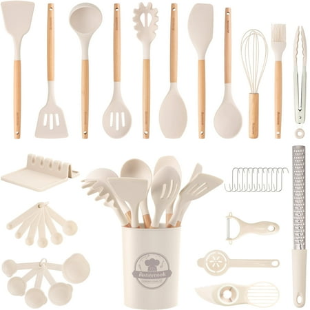 Astercook Silicone Cooking Utensils Set, 38 PCS Kitchen Utensils Set for 446°F Heat Resistant, Food Grade Utensil Sets with Wooden Handle, Kitchen Gadgets for Nonstick Cookware BPA Free (White)