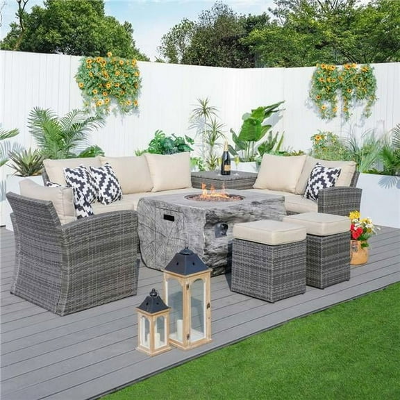7-piece Patio Wicker Garden Chat Sofa Set with Fire pit and Storage Box