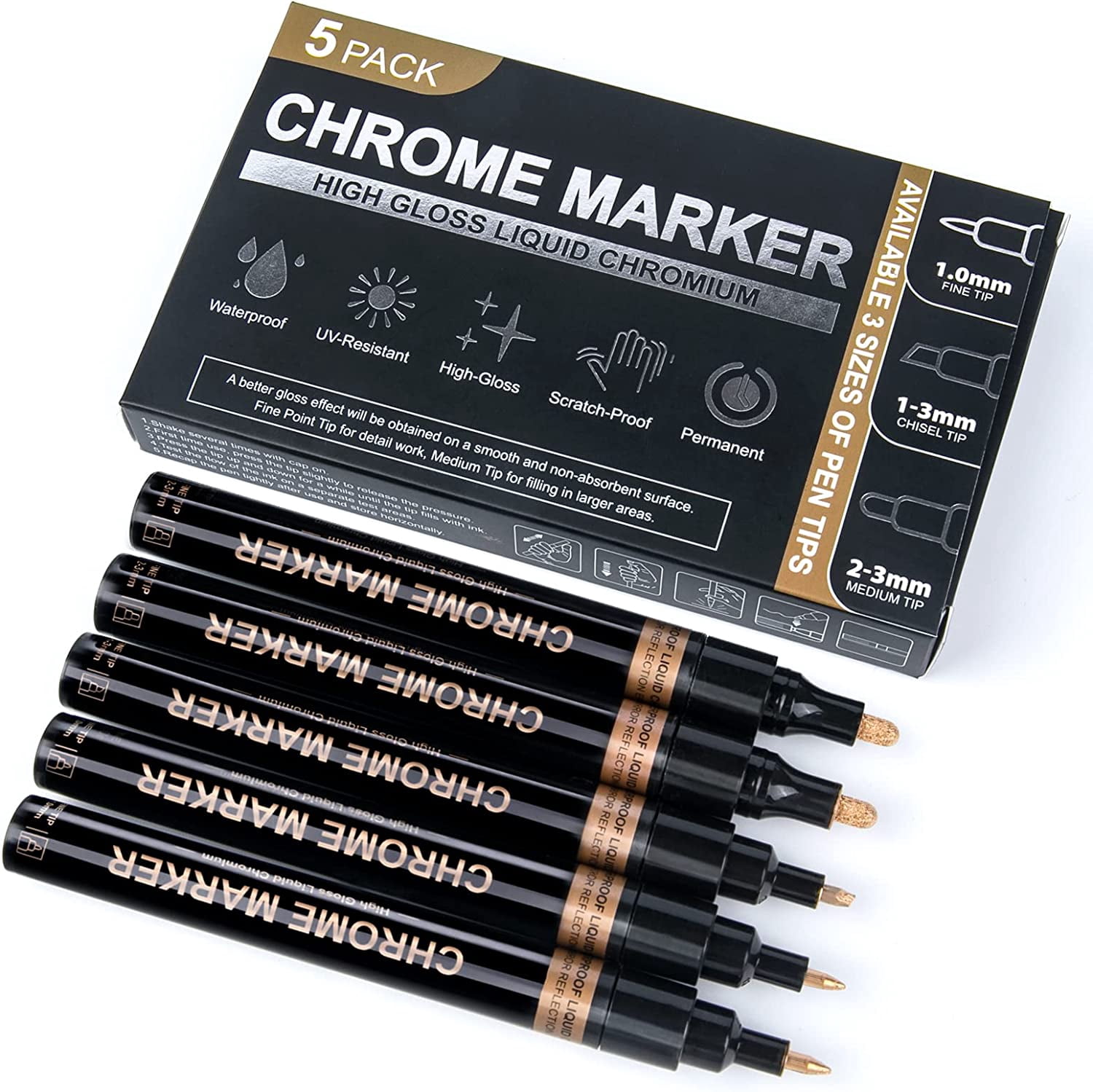 Copper Liquid Chrome Marker Set: 5pcs Oil- based Liquid Chrome Paint Pen, Permanent Reflective Chrome Touch Up Markers for Model Metal Plastic Glass Ceramic Cars Repair Tire DIY Art Craft(1-3mm)