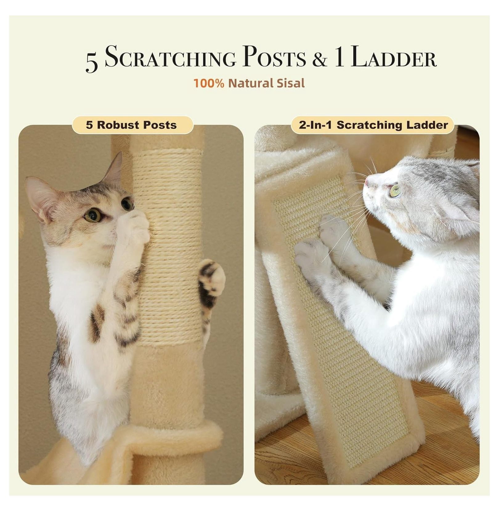 Floor to Ceiling Cat Tree, 85-112 Inch Adjustable Cat Tower, Tall Cat Tree for Indoor Cats, 7 Tier Cat Climbing Tower with Hammocks & Scratching Posts - Beige