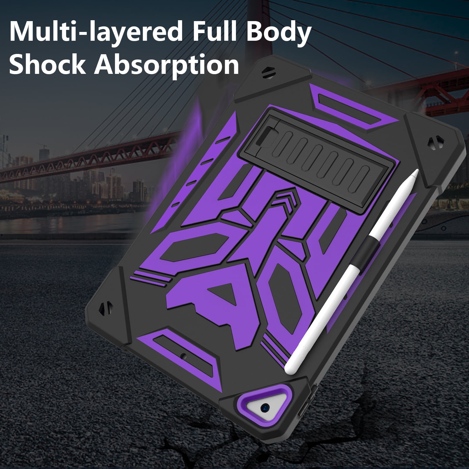 ELEHOLD Hybrid Rugged Case for iPad 9th/8th/7th Gen 10.2 2021/2020/2019, Heavy Duty Shockproof Case with Hidden Foldable Kickstand Adjustable Crossbody Shoulder Strap Pencil Holder,Black+Purple