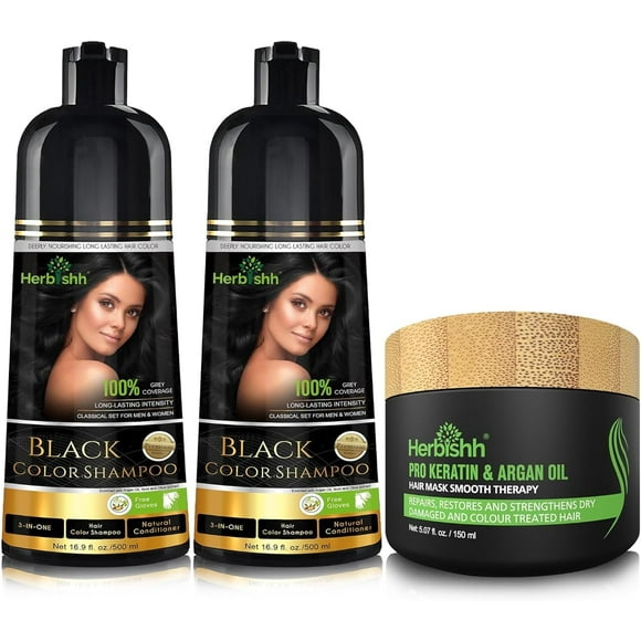 Combo Pack-2pcs Herbishh Hair Color Shampoo + 1pc Argan Intense Hair Mask- Hair Dye Shampoo – 500 ml –Stimulates Dry Frizzy Hair (Black) for Gray Hair