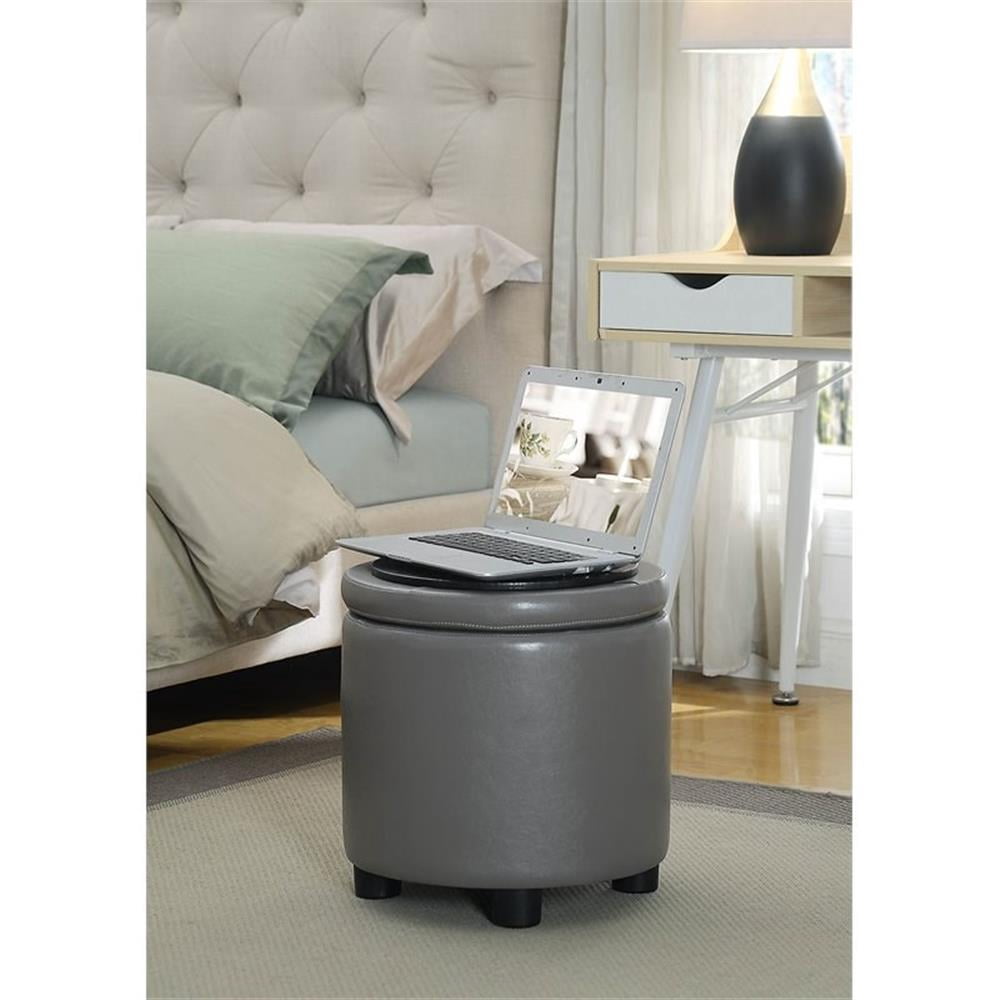 Designs4Comfort Round Accent Storage Ottoman with Reversible Tray Lid, Taupe Gray Faux Leather