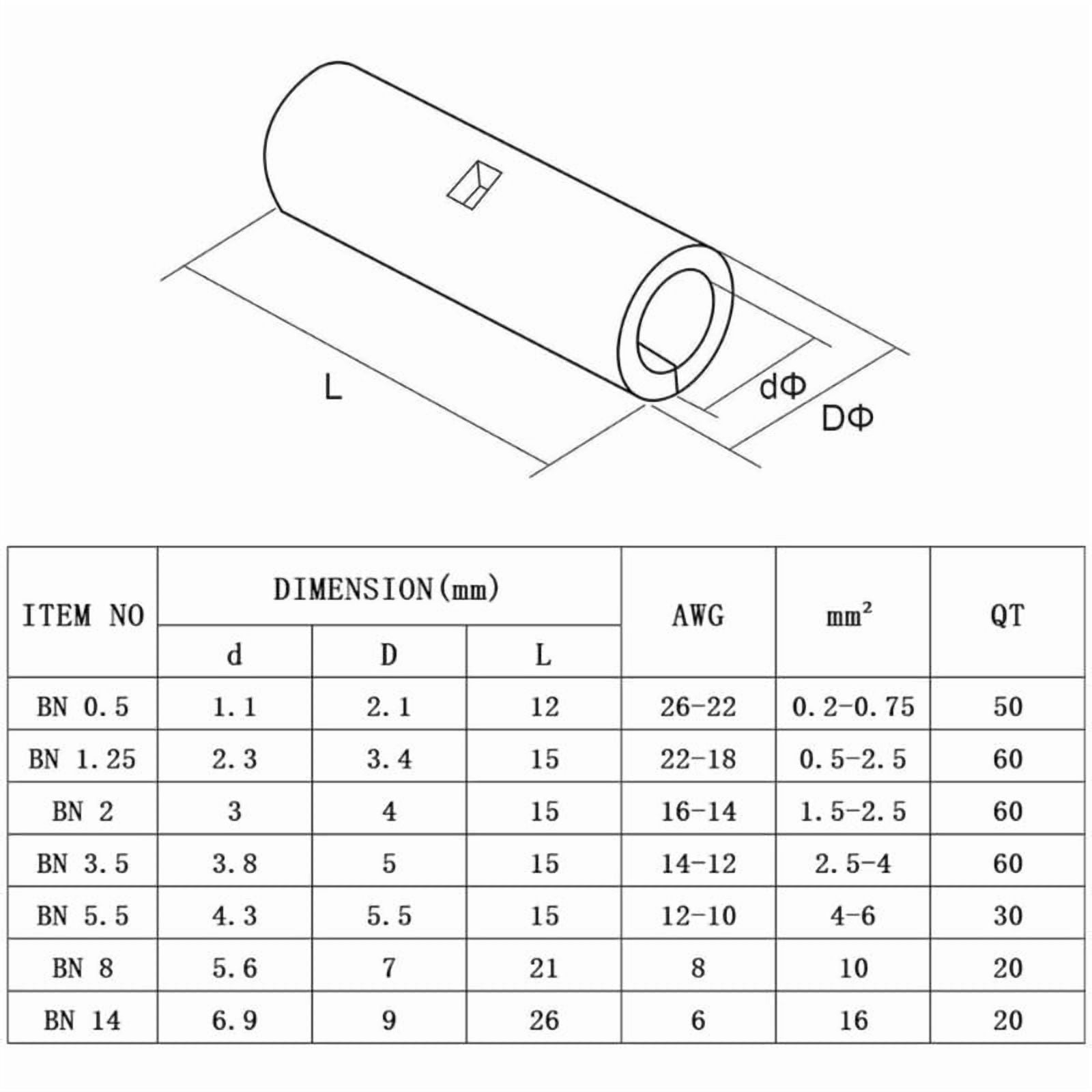300Pcs Butt Terminal Electrical Wire Connectors Battery Cable Connectors Copper Tinned Splice Crimp Terminal Sleeve