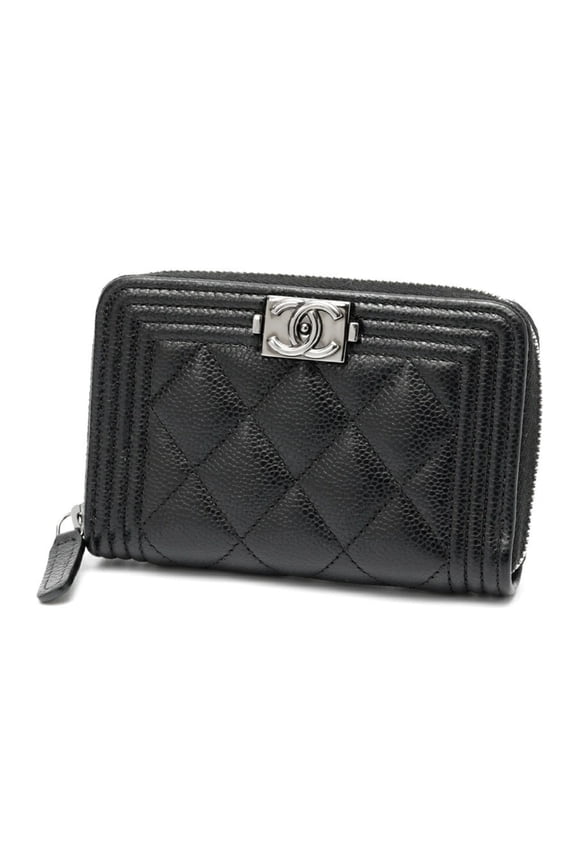 Pre-Owned Chanel Boy Zip Coin Case Compact Wallet AP4018 Caviar Skin Black