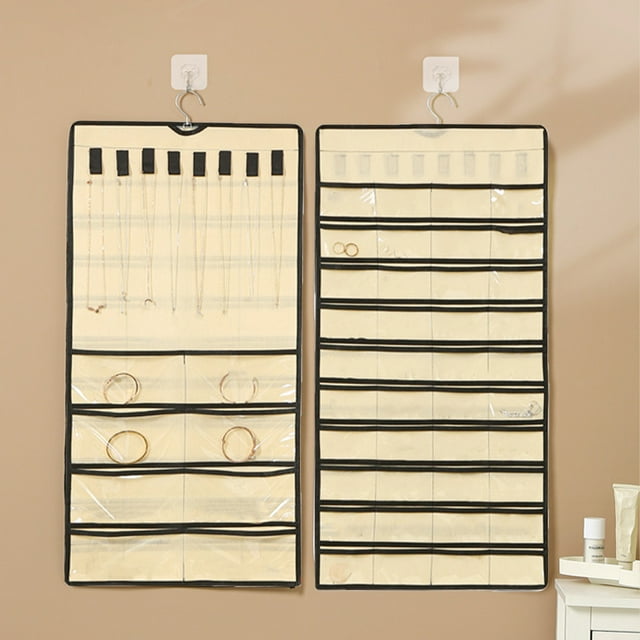 Organizador de Joyas Colgante de Doble Cara | 48 Bolsillos y 8 Ganchos para Collares | Tela No Tejida Plegable | Gris Beige | Colgador para Puerta o Armario | Rollo de Almacenamiento de Viaje de 86 X