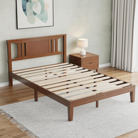 Wood Bed Frame with Headboard, Mid-Century Modern Wooden Bedframe, Solid Mattress Foundation with Wood Slat Support, No Box Spring Needed, Walnut/Rustic Brown, Full