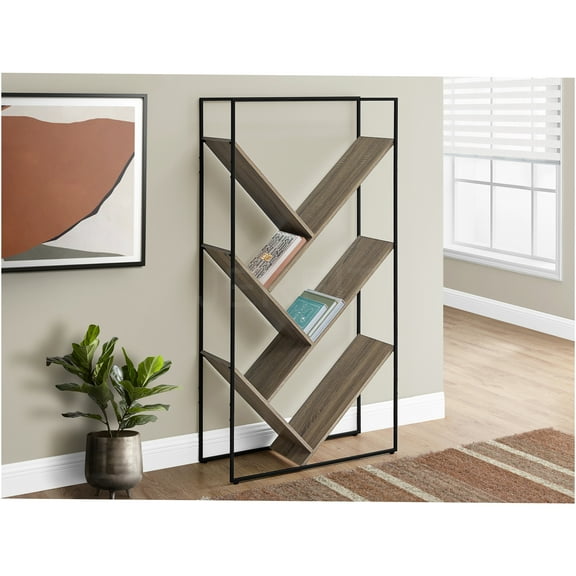 JERFIT 5-Tier Industrial Bookshelf, 60" Tall Narrow Bookcase with Slanted Shelves, Taupe Wood Grain & Black Metal Frame, Freestanding Storage Rack for Office, Living Room, Bedroom