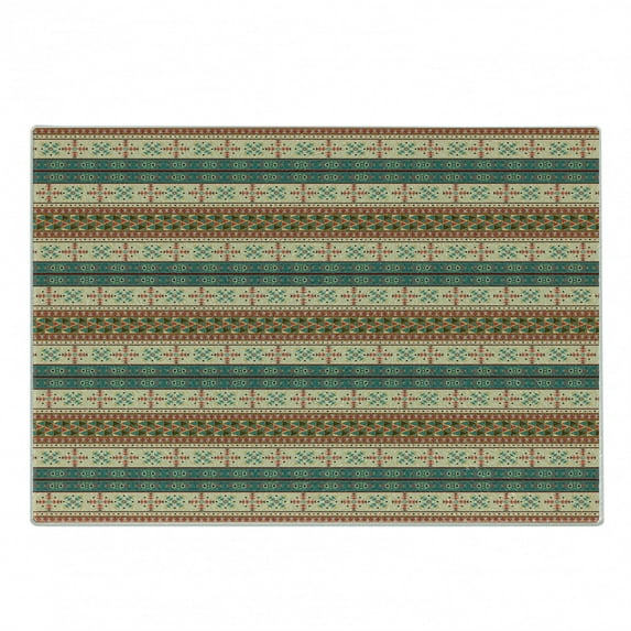 Colorful Cutting Board, Style Striped Pattern with Elements Art Print, Decorative Tempered Glass Cutting and Serving Board, Small Size, Coral Teal Beige, by Ambesonne