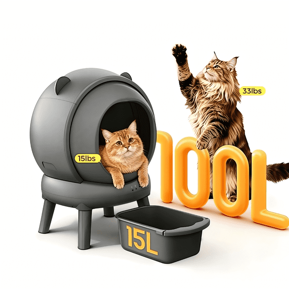 Automatic Litter Box, Self Cleaning Litter Box with App Control, Large Capacity for Multiple Cats, Noise & Odor Control, Dual Safety Sensors, Easy Maintenance with 2 Roll Garbage Bags, Gray