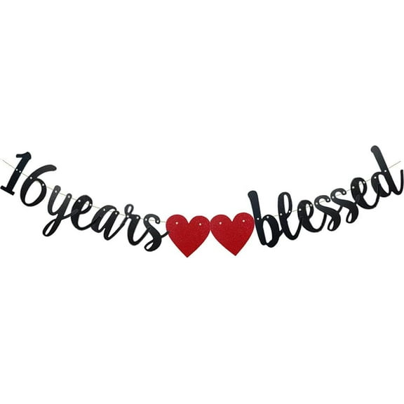 16 Years Blessed Banner,, Black Paper Glitter Party Decorations For 16TH Wedding Anniversary 16 Years Old 16TH Birthday Party Supplies Letters Black