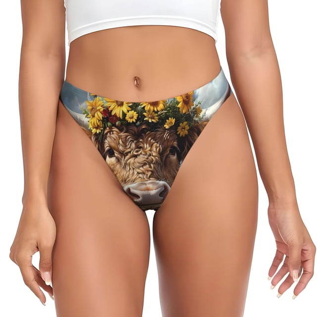Balery Cute Cow Sunflower Crown A Tangas de Algodón para Mujer con Estampado – Ropa Interior Sexy, Transpirable, G-string-X-Large