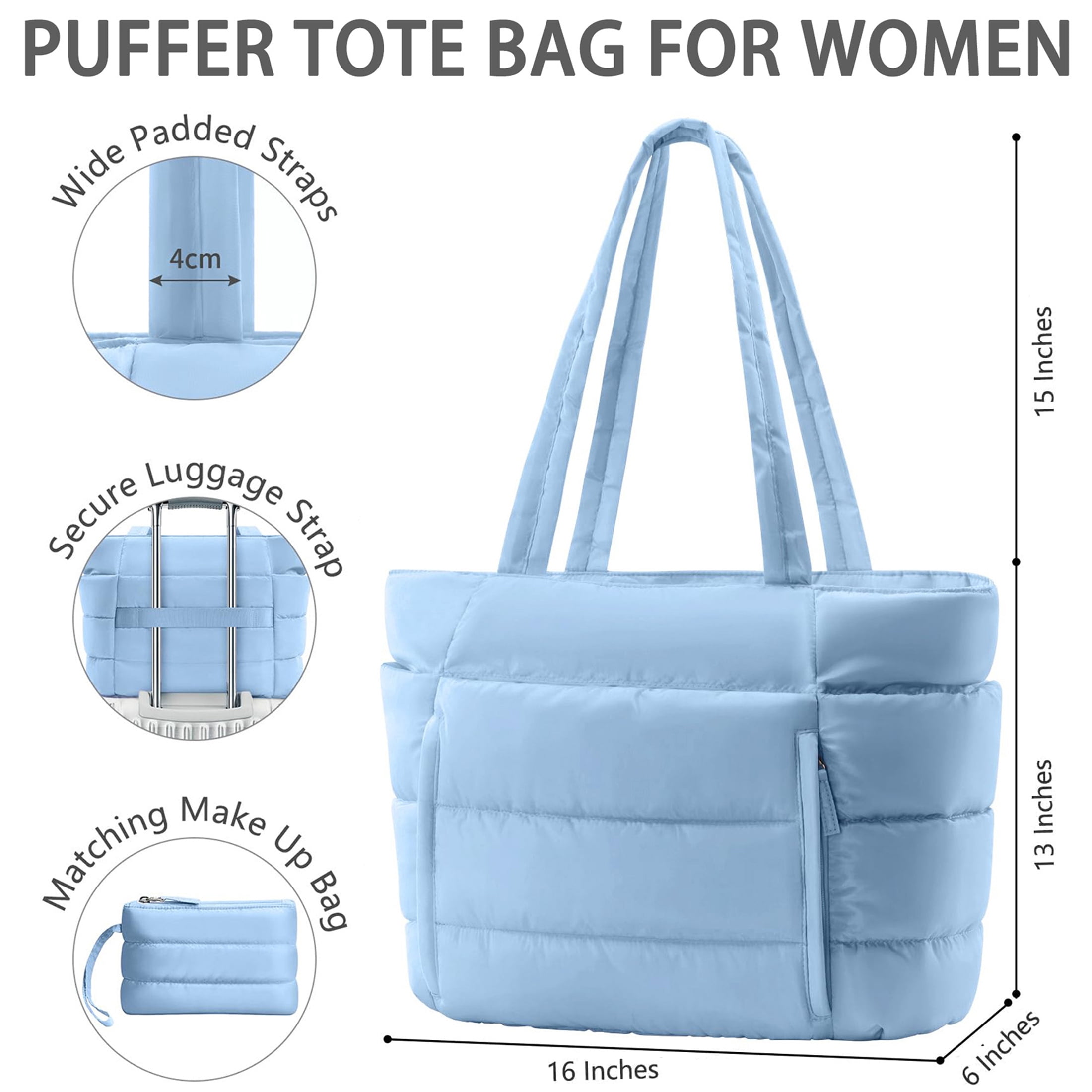 Puffer Tote Bag for Women, Large Capacity Lightweight Quilted Shoulder Bag, Waterproof Handbag for Work, Travel, Gym, Blue