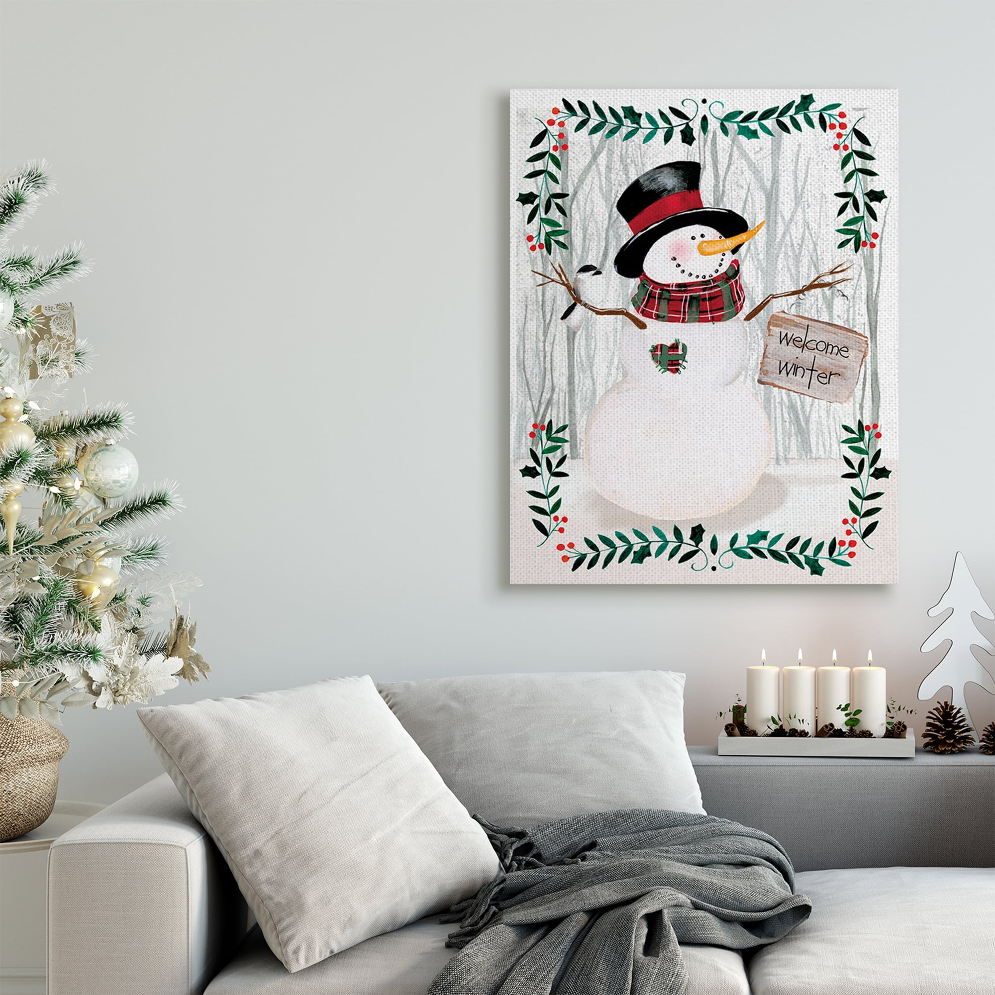 Stupell Industries Winter Welcome Greeting Snowman Forest Holly Florals Holiday Painting Gallery Wrapped Canvas Art Print Wall Art, 30 x 40