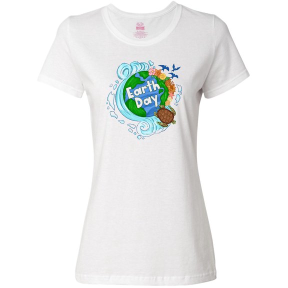 Inktastic Earth Day Turtle Planet with Waves and Birds Women's T-Shirt