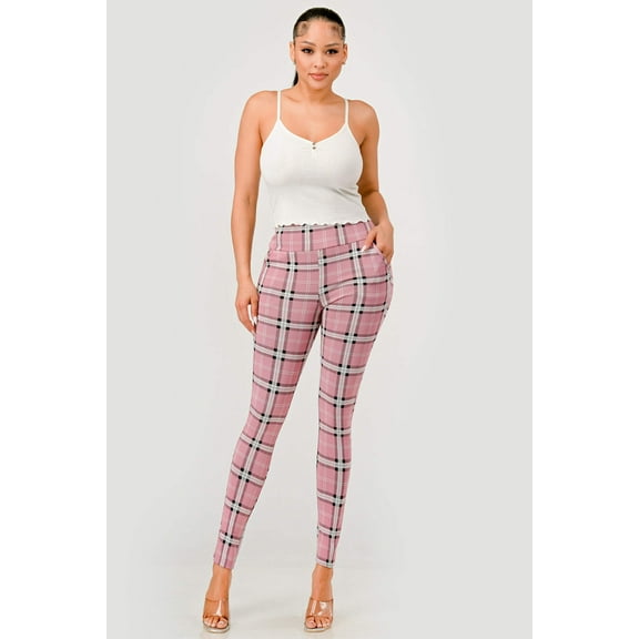 High Waist Sculpting Treggings With Front Pockets - Pink, White, Black Plaid