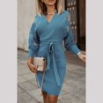 thumbnail image 2 of Surplice Neck Lace Long Sleeve Tie Waist Ribbed Knit Slit Dress, 2 of 3