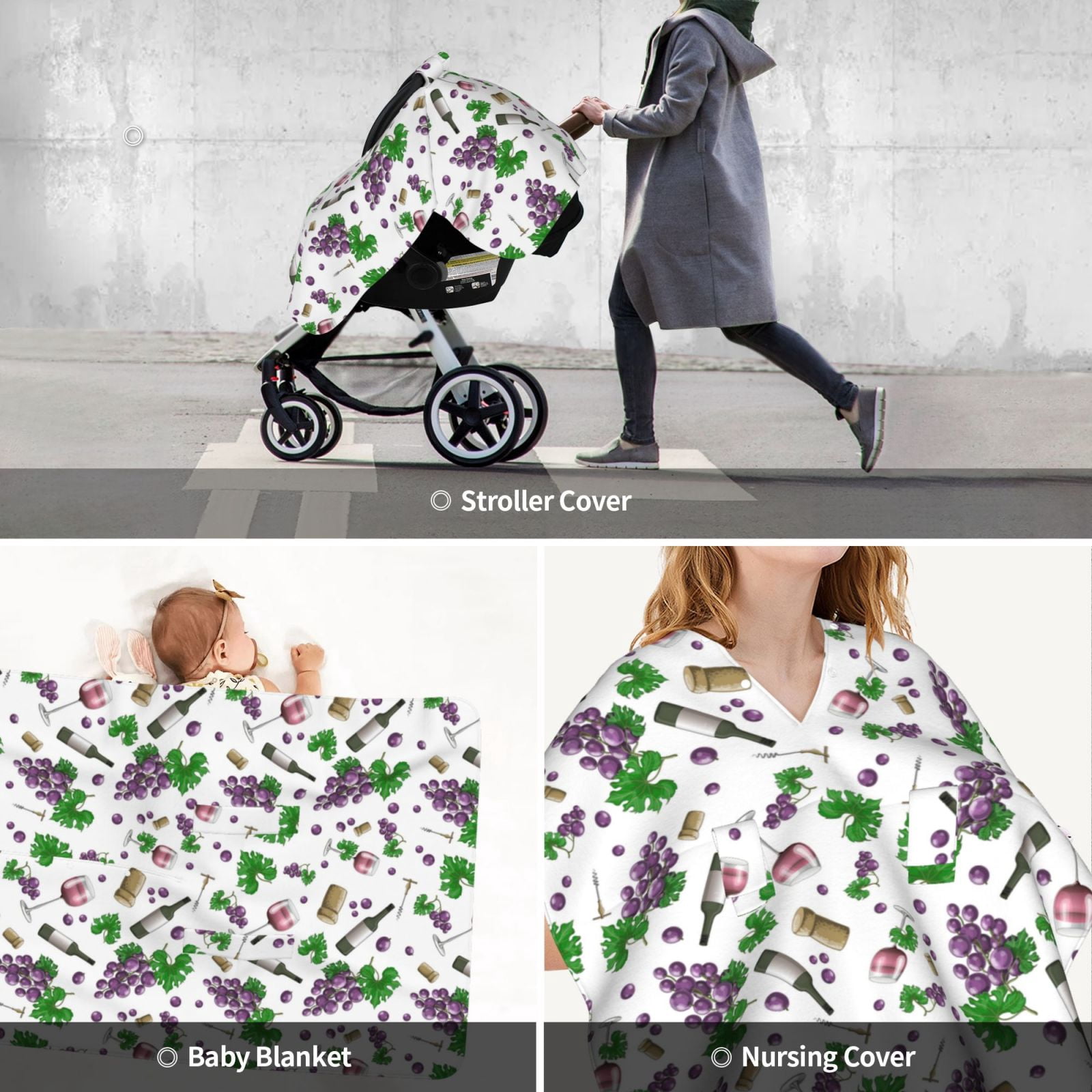 Car Seat Cover Baby - Wine Print Purple Breathable Infant Car Seat Cover for Baby Carseat, Lightweight Comfort Baby Essentials Must Haves Newborn Stuff for Girl Boy