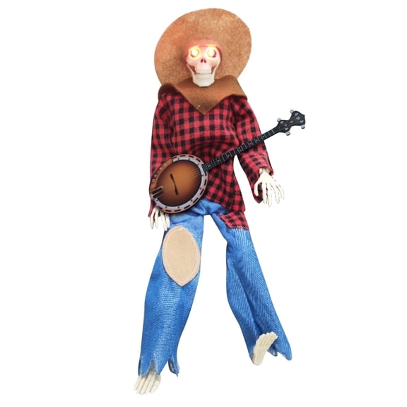 15" Animated Banjo Cowboy Skeletons with Clothes and Hat for Party Shelf Halloween Decorations(Red)
