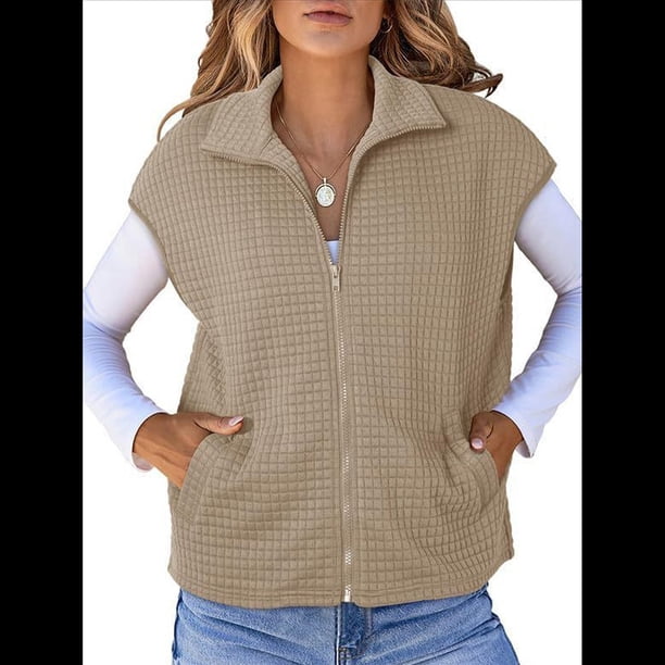 Chalecos de Mujer con Cremallera, Mangas , Bolsillos Laterales, Tejido Gofre, Sin Mangas, Chalecos Extragrandes. Caqui XXL