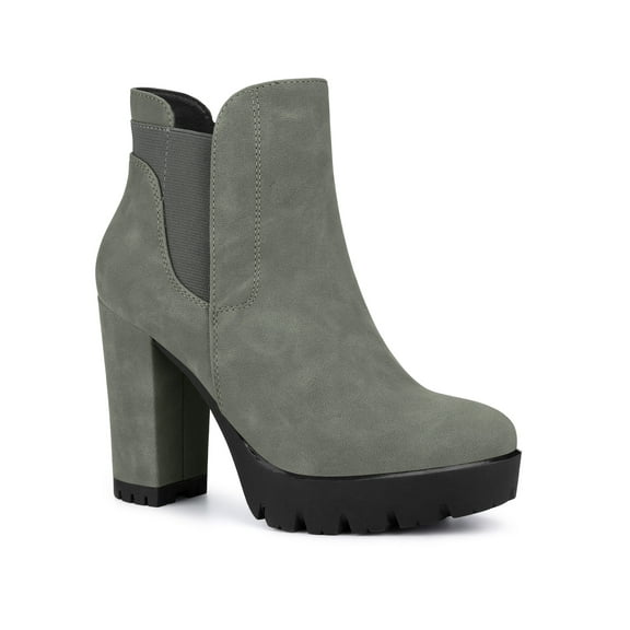 BLISSFUL STEP Women's Block High Heel Platform Zip Chelsea Boots Grey 7.5