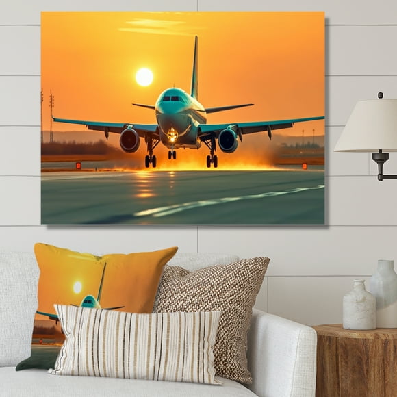 Designart Art Mural Avion, Avion sur le Tarmac au Coucher du Soleil I, Grand Art Mural Avion, Art Mural Moderne sur Toile Jaune, 20x12 Pouces