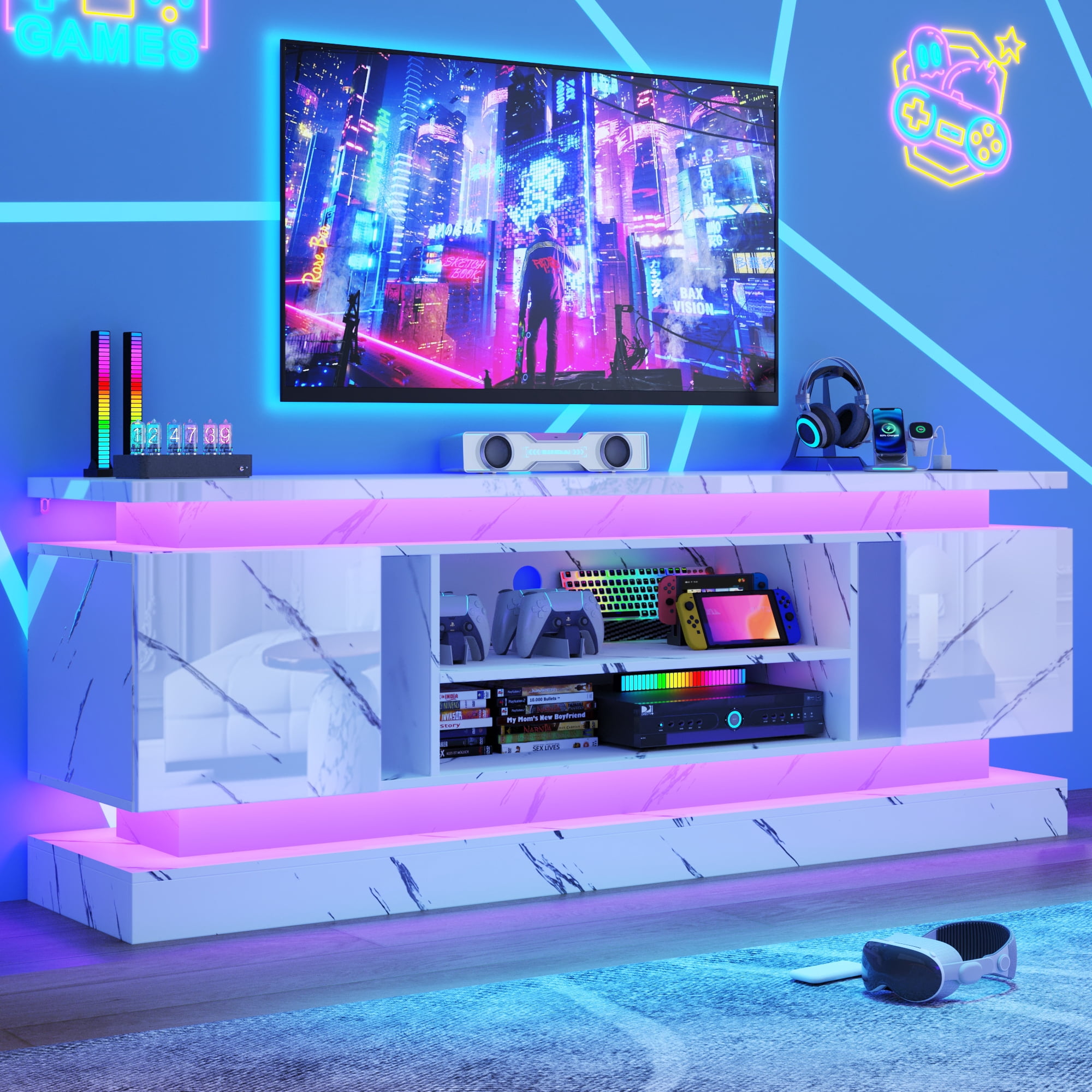 ChVans 71" LED TV Stand for TVs up to 85" with Power Outlets, Marble High Gloss Surface, 2 Storage Cabinet, Modern Style, TV Media Console with Storage, Marble Black