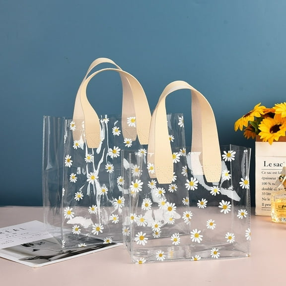 Practical Brand New Little Daisy Transparent Handle Transparent Shopping Bags Clear Tote Bag Waterproof Storage Bag Hand Gift Bag S WHITE HANDLE