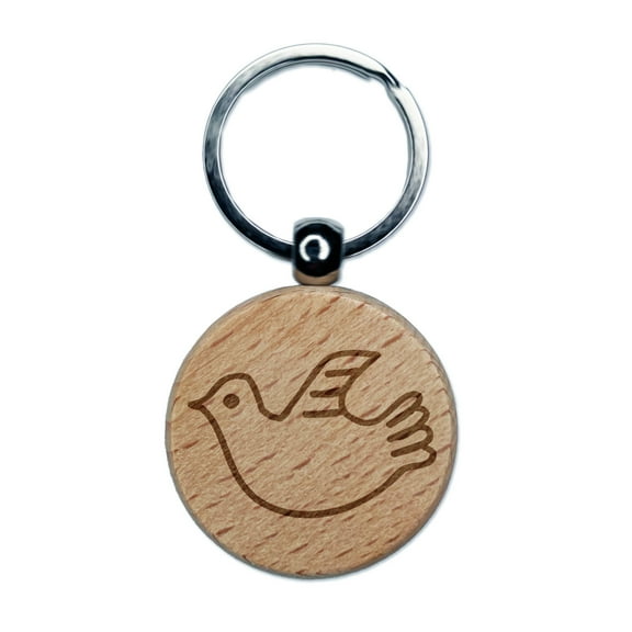 Darling Dove Sketch Round Keychain Charm Tag - Engraved Wood