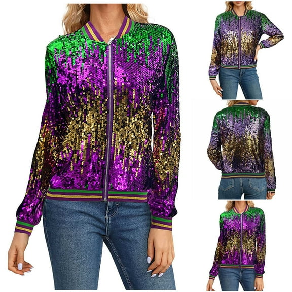 QATAINLAV Women's Sparkly Sequin Full Zip Jackets Carnival Festival Glitter Bomber Jacket Party Clubwear Casual Long Sleeve Baseball Outfits Green M