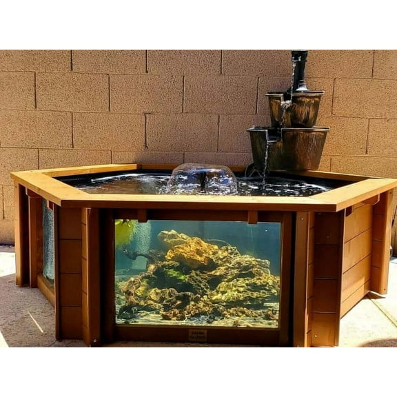 Raised Hexagon Wood Pond with Large Windows - Lily Clear View Garden Aquarium in Brown 172 Gallon