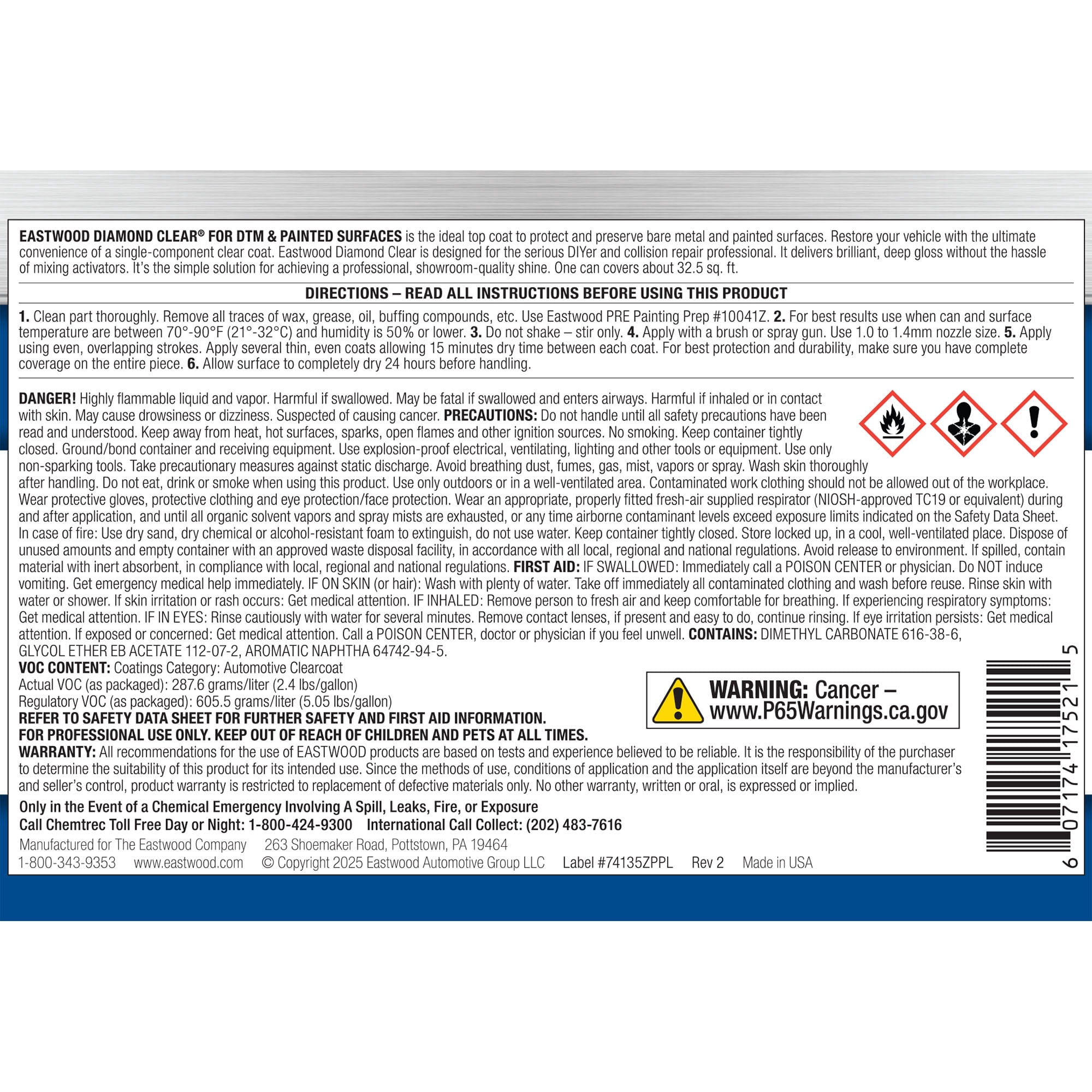 Eastwood Diamond Clear Gloss DTM Direct to Metal and Painted Surfaces Paint Quart