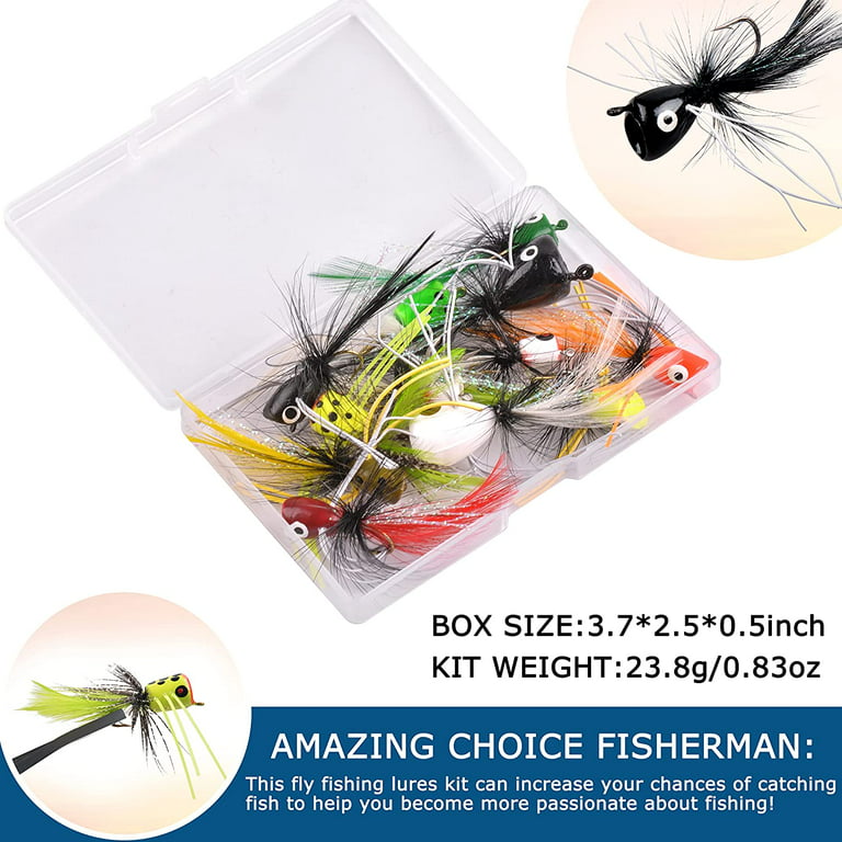 Fly Fishing Poppers, 12/15pcs Topwater Fishing Lures Bass Popper Flies Bugs  Lures Fly Fishing Lure Kit Panfish Bait Dry Fly Fishing Flies for Bass Trout  Panfish Bluegill Crappie Salmon 12pcs