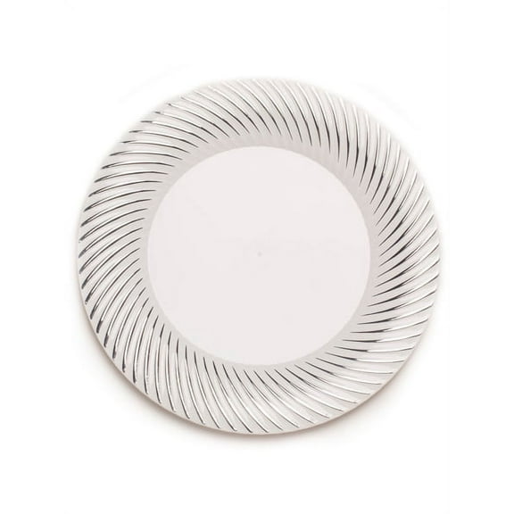 Plexware Collection 9" White w/ Silver Swirl Border Plastic Dinner Plates *Case of 120*