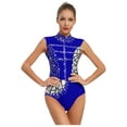 thumbnail image 3 of Choomomo Women One Piece Shiny Rhinestone Athletic Gymnastics Leotards Color Block Figure Ice Skating Costume Blue L, 3 of 6