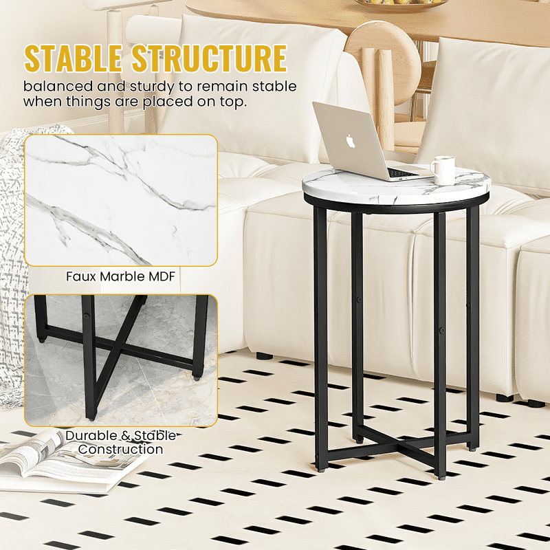 Baxluxe Marble Side Table Set of 2, Faux Marble Round End Table with Metal Base, Small Living Room Coffee Table Nightstand Bedside Table, Modern End Table Set for Living Room, Bedroom, Black