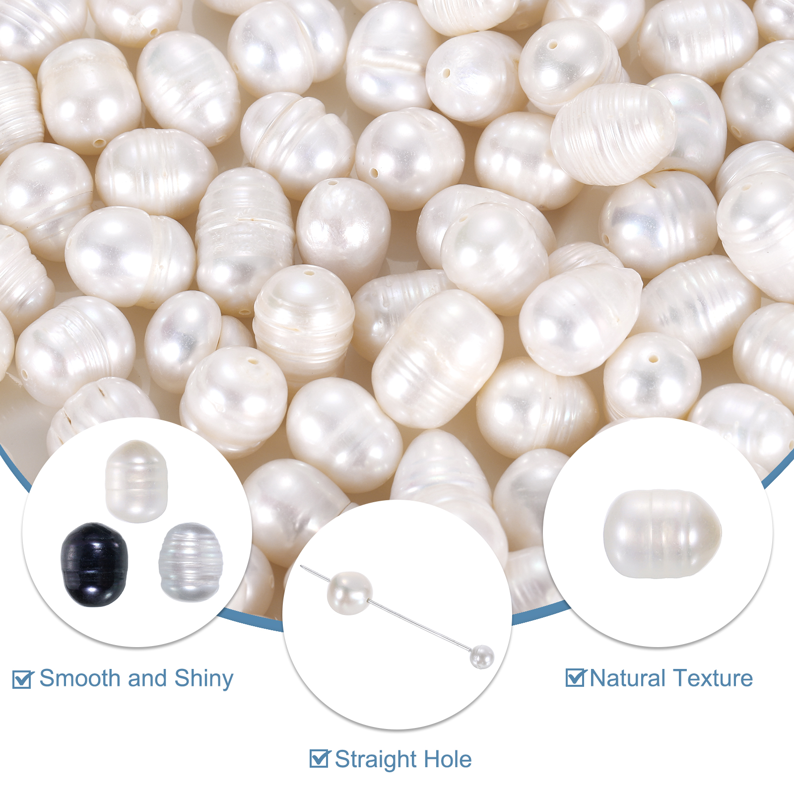 Uxcell 100 Pcs Natural Freshwater Pearl Beads, 9-10mm Oval Rice Shape Loose Gemstone Pearls 0.8mm Hole for Leather Cord Beading Jewelry Making DIY Craft, White