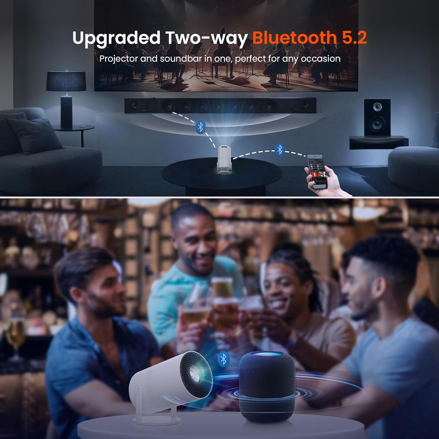 Portable Projector 4K 1080P Supported Projection,Movie  Projector with 180 ° Rotatable Stand Auto  Correction, Compatible with TV Stick, , USB, Laptop, Smartphone