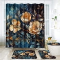 thumbnail image 4 of Juego de 4 cortinas de ducha para baño, juego de cortinas de ducha de poliéster con alfombras de baño, juego de baño con patrón de flores doradas pintadas con cortina de ducha y juego de alfombras, 4 of 8