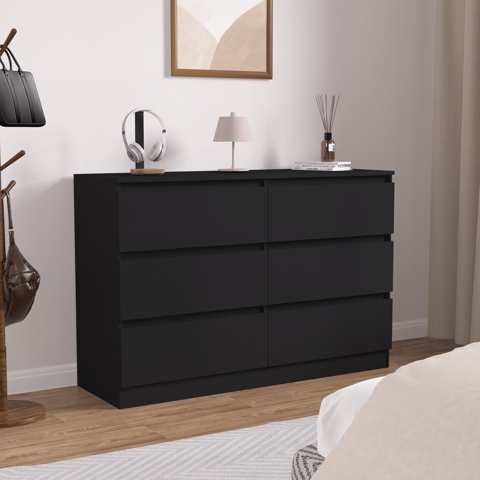 Hommpa Black 6 Drawers Dresser for Bedroom, Chest of Drawers TV Stand Dresser for Closet, Wooden Modern Storage Cabinet for Women Living Room Furniture