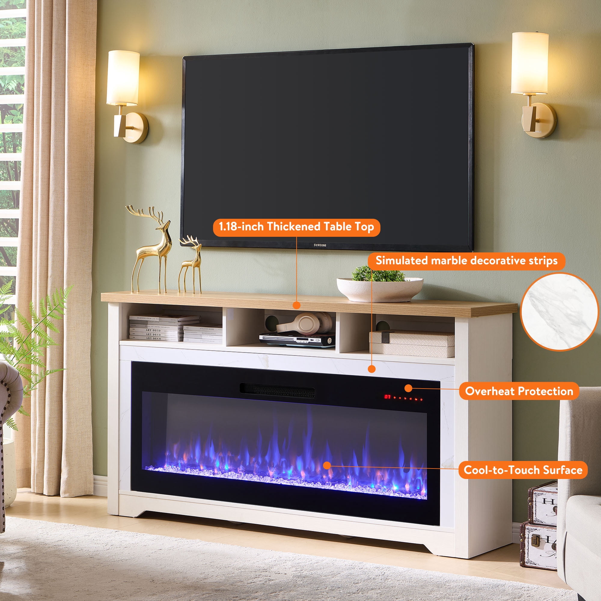 Innoflame Fireplace TV Stand for 70" TVs, Entertainment Center w/50 Inch Fireplace, WiFi Enabled, APP/Voice Control, Simulated Marble Surrounded, Open Shelves Storage,White