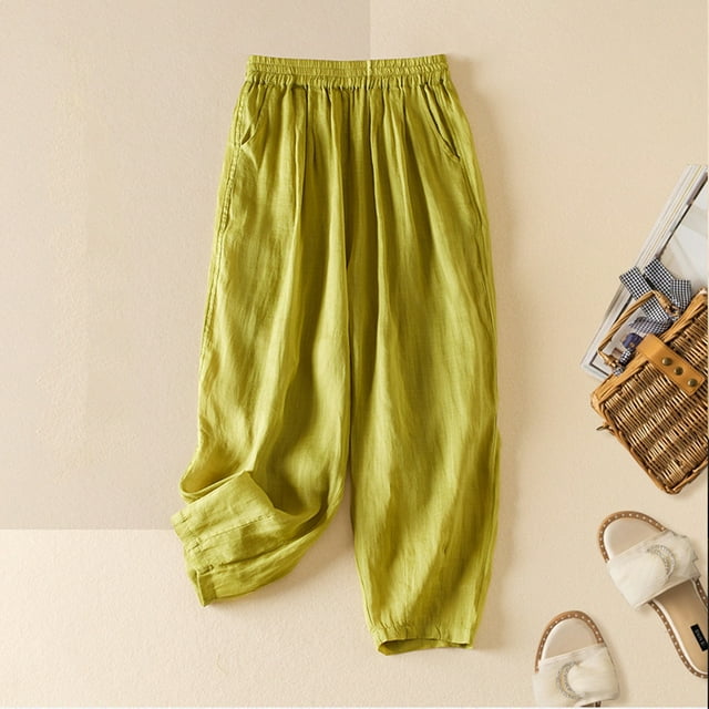 TACILIP Linen Pants Women, Ladies Solid Color Double Layer Loose Cropped Pants, Fashion Clothing
