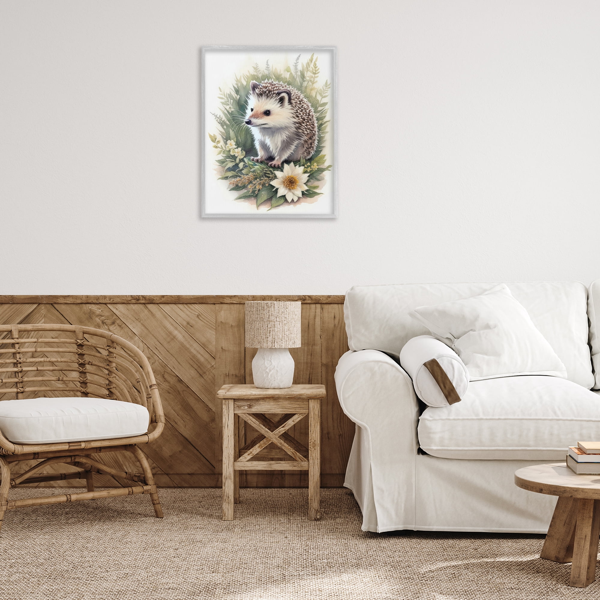 Stupell Industries Hedgehog & White Flower Animals & Insects Painting Gray Framed Art Print Wall Art, 24 x 30