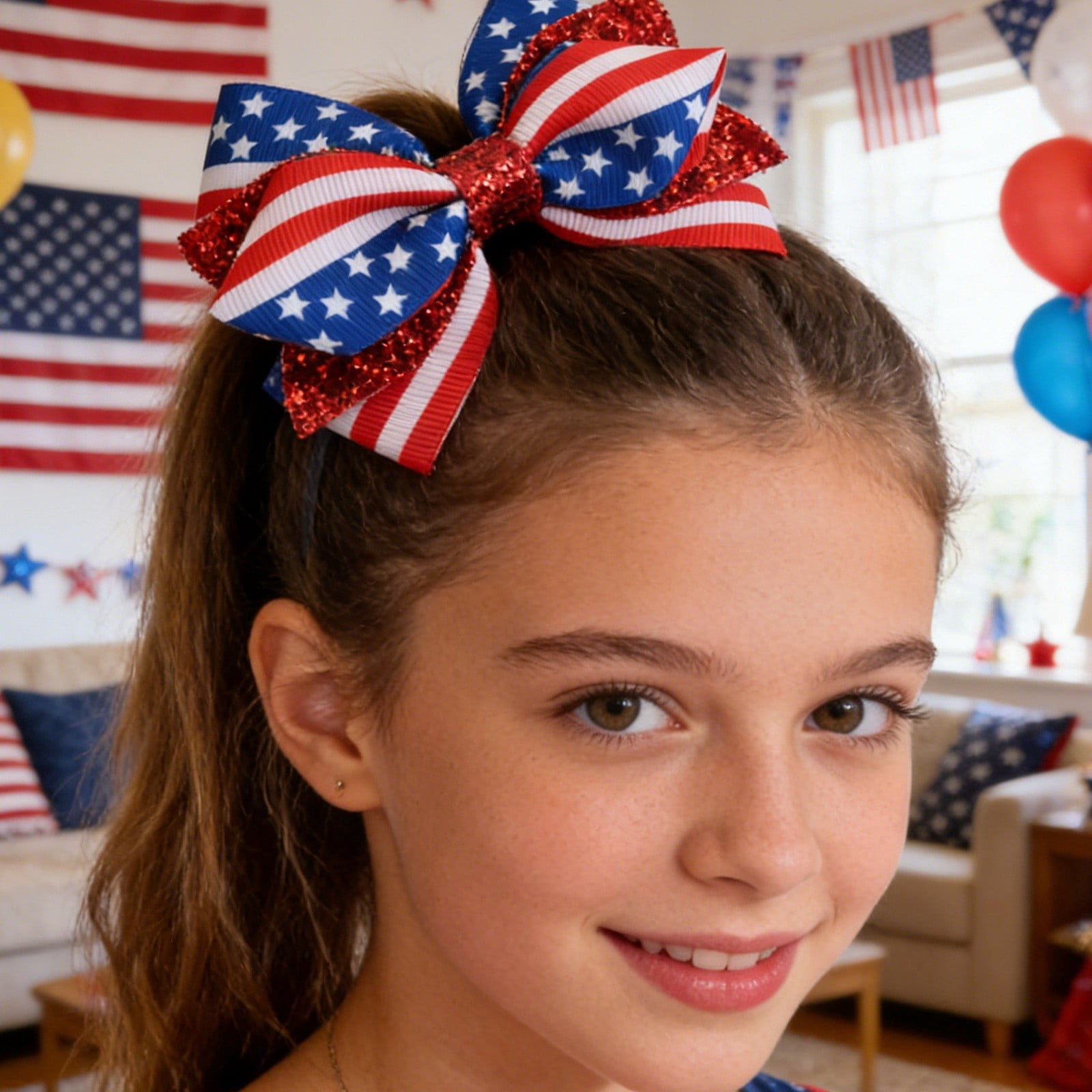 Independence Day Hair Bow for Girls, Red White Blue Patriotic Style Accessory. Elegant Headwear for Parade, Party & Daily Wear.
