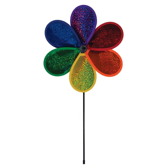 In the Breeze 2871 — 6-Petal Rainbow Glitter Flower Spinner, 12-Inch — Sparkling and Colorful Mylar Wind Spinner for Yards and Gardens