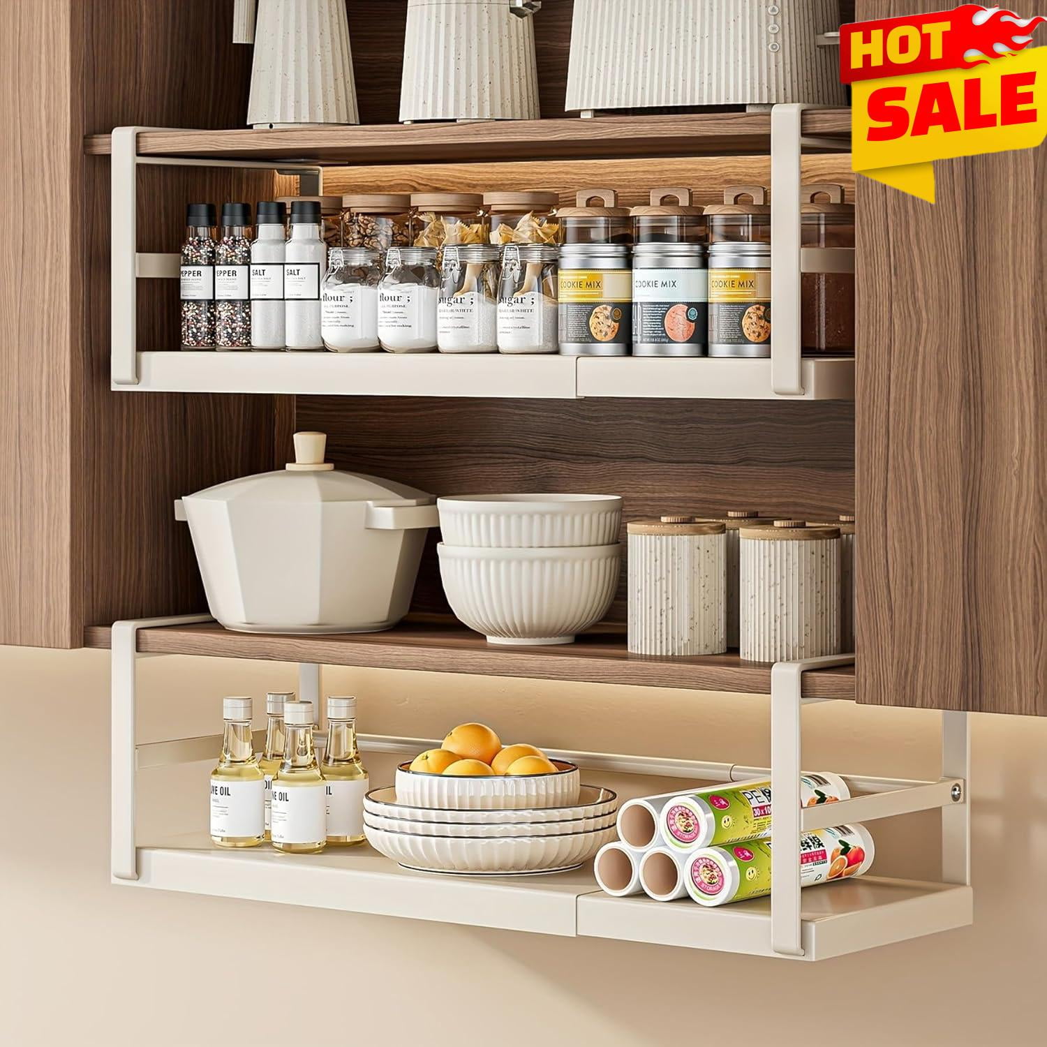 ZHOHO TANT Adjustable Under-Cabinet Storage Basket Organizer, Heavy Duty Shelf for Kitchen Pantry, White