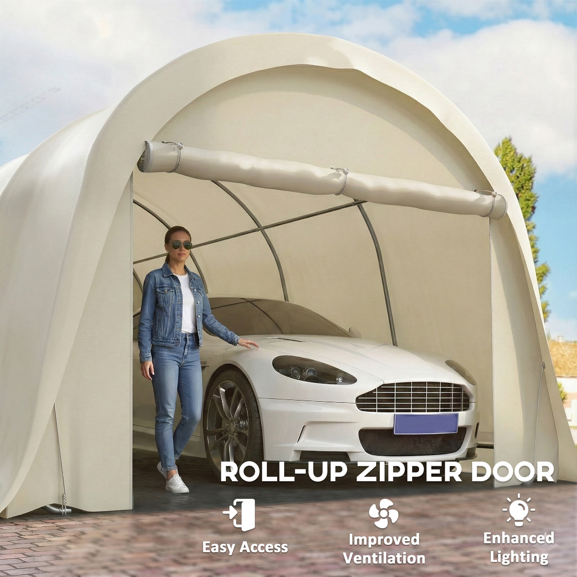 12' x 23.6' Heavy Duty Carport, UPF50+ Portable Garage Car Canopy Tent with Galvanized Frame, Large Door, Beige
