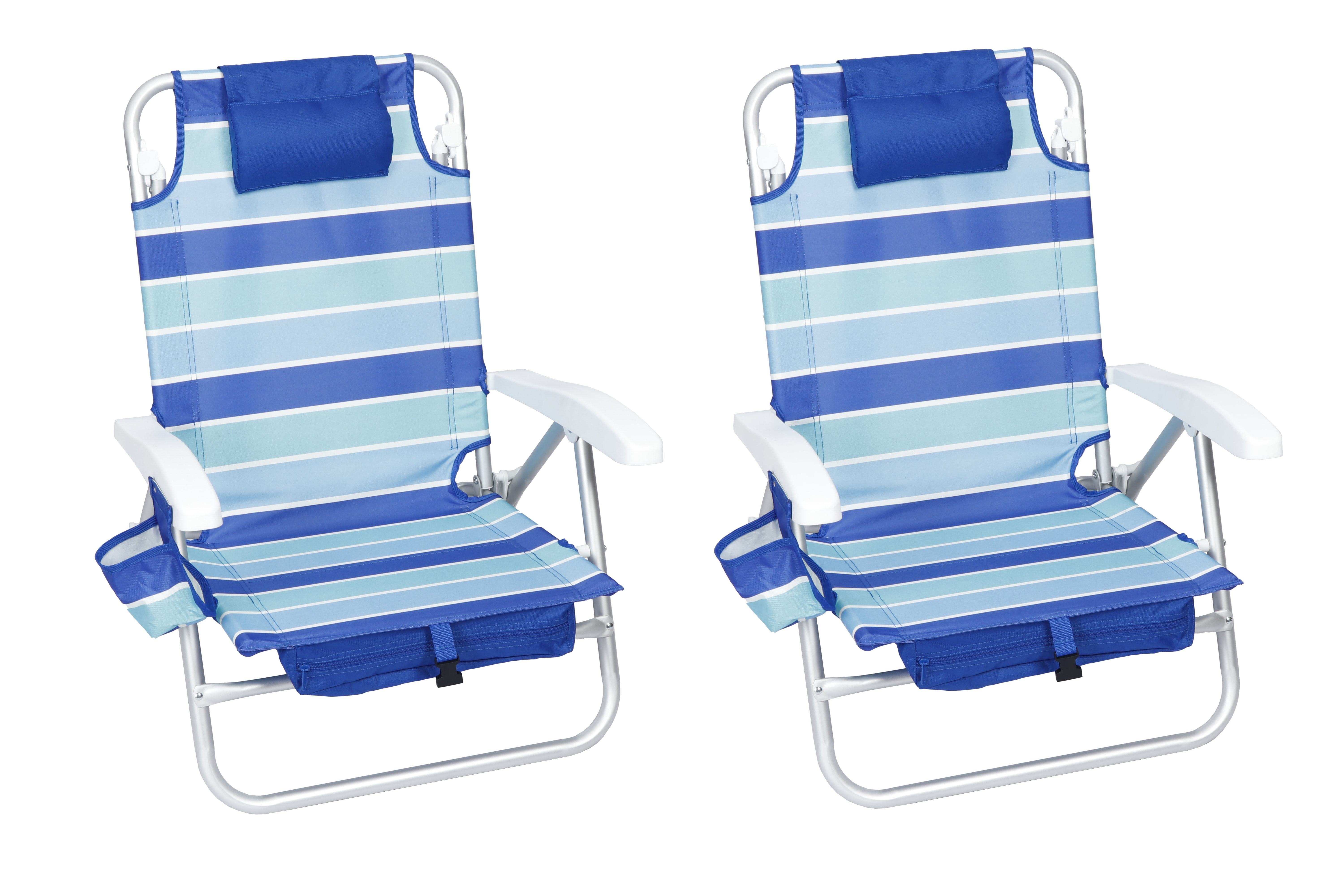 Mainstays Reclining and Lay Flat Backpack 2-Pack Beach Chair, Striped Blue Pattern, New